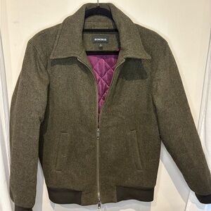 Bonobos Men's Herringbone Olive Bomber Jacket with Plum Lining